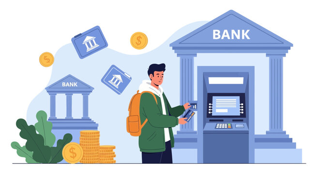 Man using ATM outside bank, withdrawing money, financial transaction, banking concept