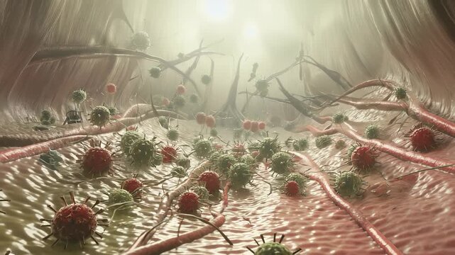 Group of immune cells surrounding pathogen cluster inside microscopic biological environment demonstrating coordinated cellular defense inside the body. Immunology research concept