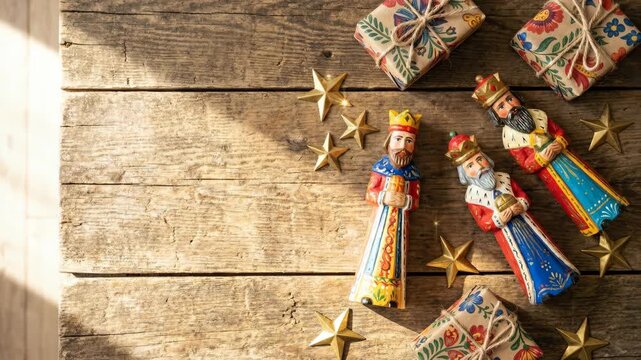 Three kings figurines and wrapped gifts on rustic wooden table. Catholic epiphany celebration decor with nativity star ornaments. Traditional holiday scene concept.