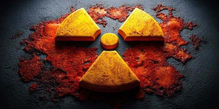Radioactive hazard symbol with orange radioactive material spread on dark textured surface
