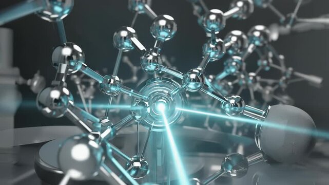 Metallic nanorobots with glowing cores assembling slowly into precise structure through magnetic alignment inside futuristic molecular scale laboratory environment. Advanced nanotechnology engineering