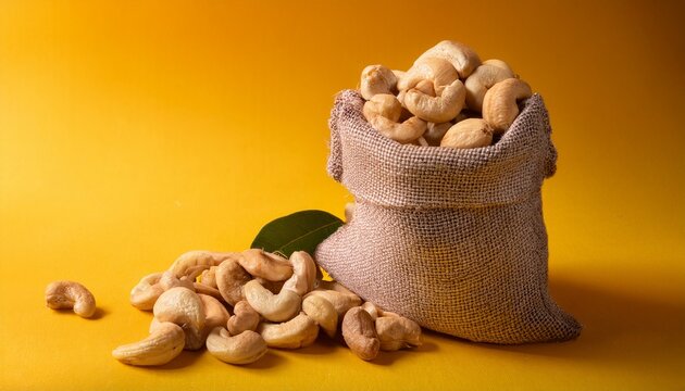 Close Up Of Ripe Organic Cashew In Sac On Yellow Background