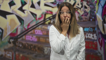 Obraz premium Hispanic woman doctor in white lab coat and glasses, hand covering mouth in front of graffiti-covered stairs and metal railing on a street stairwell; shock.