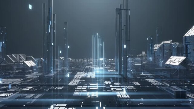 Immersive microscopic journey through engineered nanostructures and circuits while particles drift and components activate in futuristic molecular environment. Advanced nanotechnology research concept