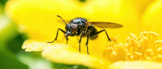 Black fly resting on bright yellow flower petals