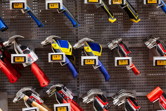 Hammers for sale on display at hardware tool shop