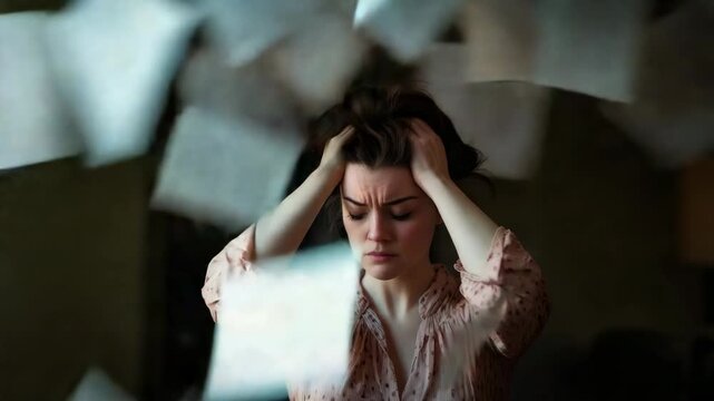 Professional woman experiencing workplace stress, clutching head as loose papers swirl chaotically, symbolizing career pressure and emotional overwhelm