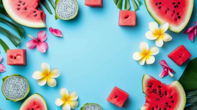 Tropical fruits and flowers on aqua background create vibrant summer aesthetic