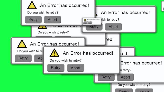 an error has occurred do you wish to rety or abort dialog pop up box menu screen mock up of a computer monitor displaying a fault or failure with constant annoying pop-ups filling the whole screen 4K