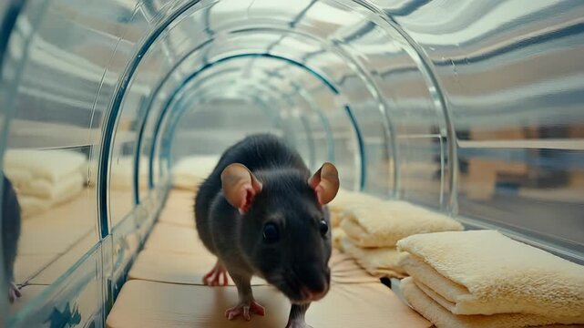 Gray laboratory rat walking through transparent tunnel inside controlled research habitat designed to support natural movement and observation. Ethical animal research environment concept