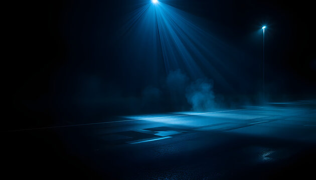Rays searchlight light blue neon . Dark empty scene with  smoke. Reflections on wet asphalt, dramatic atmosphere. White tone