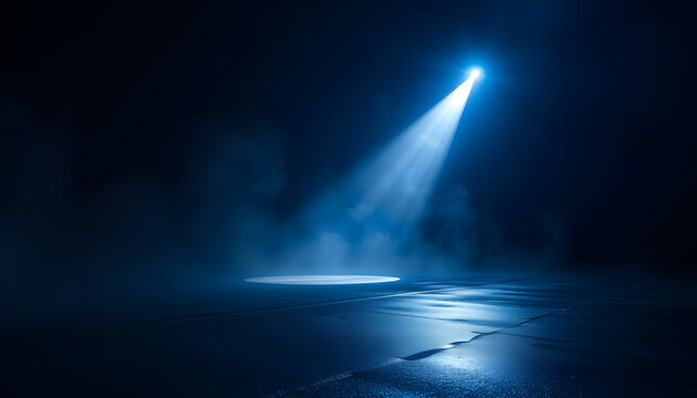Rays searchlight light blue neon . Dark empty scene with  smoke. Reflections on wet asphalt, one line art. White tone