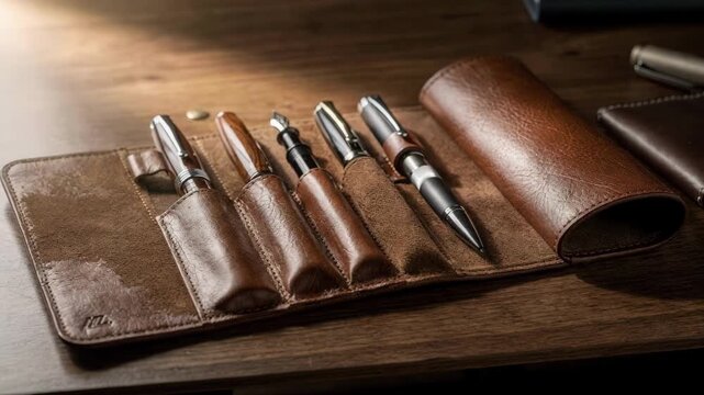 Medium shot of a sleek rollup leather pen case unrolled on a wooden desk showcasing elegant craftsmanship and secure writing instrument storage.