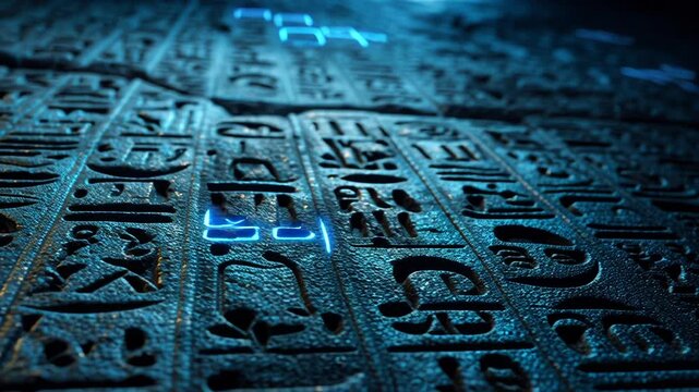 Ancient Egyptian hieroglyphs carved into stone with glowing blue highlights.