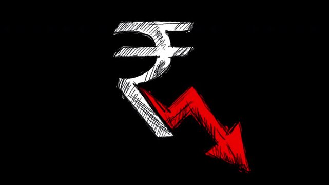 4K Animated Video of Hand Drawn Indian Rupee Symbol with Red Downward Arrow, Alpha Transparent