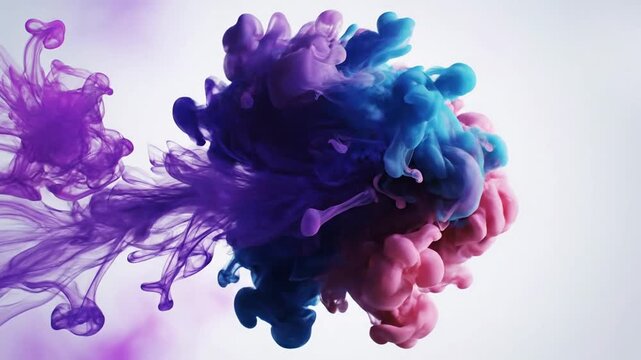 Vibrant purple and blue ink dissolving in water on white background