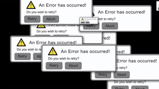 computer error message dialog pop up box menu screen mock up of a monitor displaying a fault or failure with constant annoying & frustrating pop-ups filling the whole screen 4K
