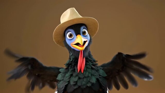 Funny dancing cute turkey bird wearing a pilgrim hat, joyful Thanksgiving celebration, flapping wings happily, big cheerful smile, isolated on empty brown background