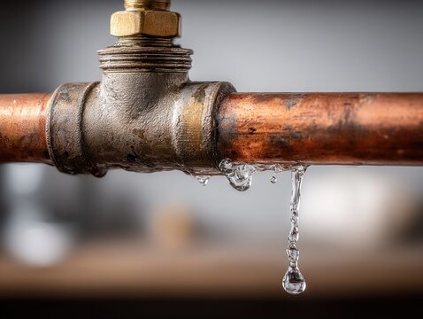 Close-up of a dripping copper pipe with a leaky valve and water droplets forming