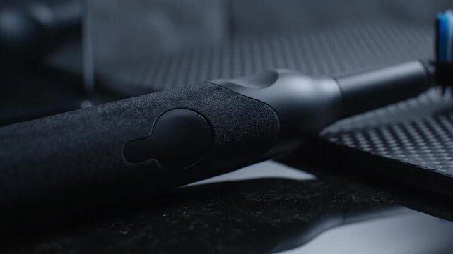 An electric toothbrush rests on a sleek bathroom countertop, illuminated by soft morning light. With its innovative design and vibrant blue LED, the scene captures a blend of technology and hygiene.