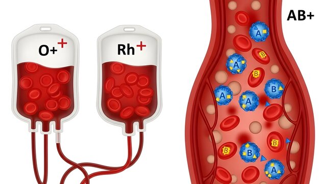 High detailed compatibility illustration showing O positive packed cells and Rh positive plasma bags being prepared for transfusion into AB positive recipient vessel to explain universal red cell dona