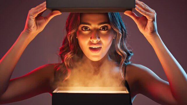 Cinematic box reveal with glowing device under dramatic lights.