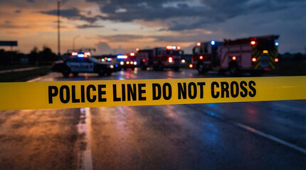 Emergency response at a highway scene after a traffic incident with police and fire units on duty during twilight hours