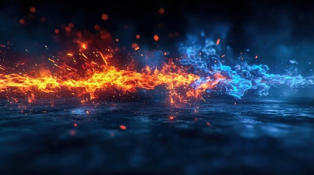 Fiery orange flames clash with cool blue energy in a dramatic elemental confrontation