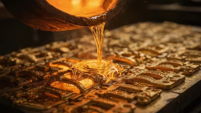 Molten brass poured into detailed buckle molds capturing the glowing metal as it solidifies into intricate hardware components with a warm golden hue and textured finish.