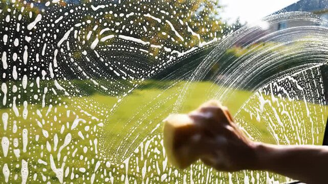 Hands glide effortlessly across a window, scrubbing and creating intricate patterns of suds. Sunlight beams through, illuminating a lush green landscape outside, enhancing the serene atmosphere.