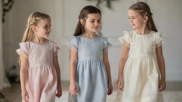 Medium shot of young girls wearing cotton dresses adorned with subtle tulle trims and careful embroidery designed for comfortable yet elegant flower girl attire.