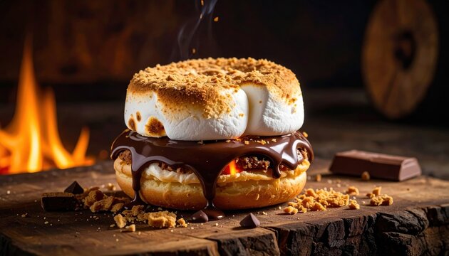 A decadent s'mores donut piled high with toasted marshmallows, chocolate ganache, and graham cracker crumbs on a wooden surface