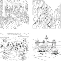 Fototapeta premium Harbor with fishing boats and waterfront buildings with black and white