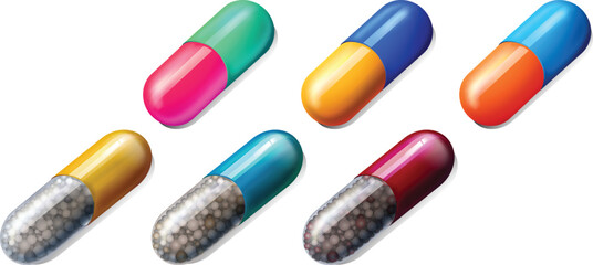 Realistic pharmaceutical medicine capsules for healthcare and pharmacy design vector