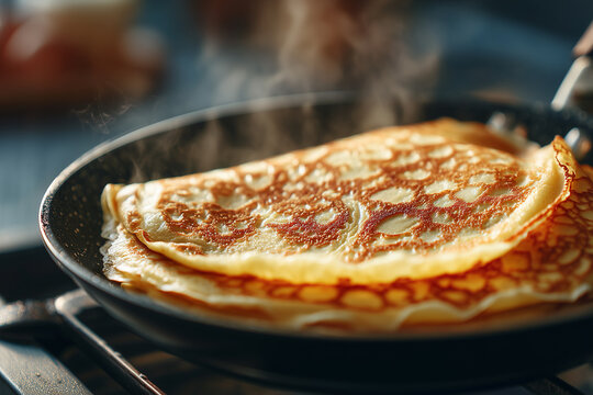 Cooking pancakes in a frying pan during breakfast time on a stovetop in a kitchen setting with steam rising Generative AI