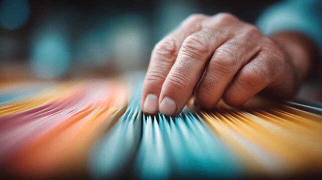 Close-up of fingers sifting through colorful files in a filing cabinet