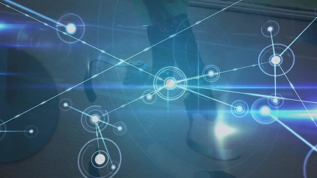 Composite video of global communication and runner with prosthetic legs in background