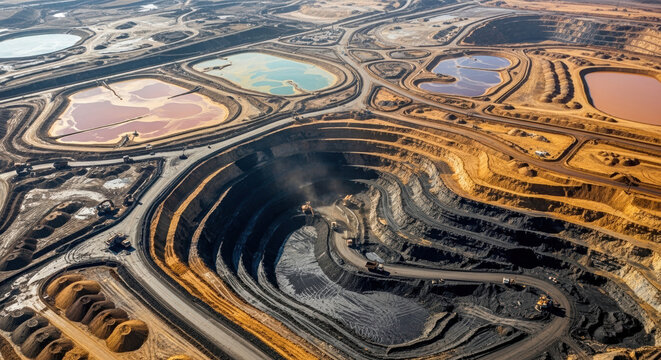 Aerial view of an open pit mine with colorful tailings ponds. Deep excavation site with mining trucks and industrial infrastructure. Environmental impact of resource extraction