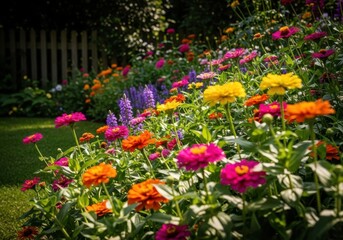 Obraz premium Vibrant colorful flowers in a lush garden with green grass and a wooden fence in the background on a sunny day
