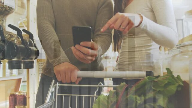 Animation of financial data processing over caucasian people shopping