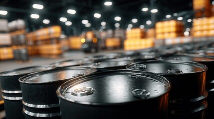 Fototapeta premium Rows of industrial metal barrels stored in a large warehouse with stacked goods in the background