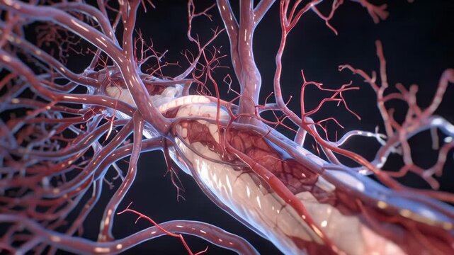 Detailed 3D illustration of blood vessel with red blood cells and branching capillaries.