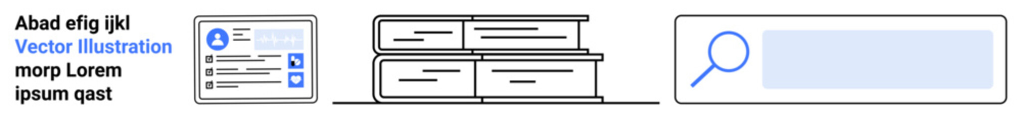 Obraz premium Education, research, information organization, knowledge management, digital tools, online search. ion of a digital document, a stack of books and a search bar. Education and research concepts
