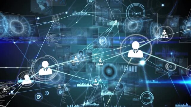 Animation of connected icons, graphs, circles and programming language against abstract background