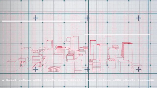 Animation of grid pattern and plus signs over 3d model of buildings against white background