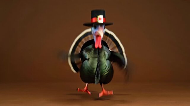 Silly dancing turkey bird celebrating Thanksgiving, classic pilgrim hat costume, energetic cheerful pose, isolated on bright brown background, fun cartoon render