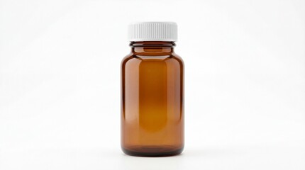 A small amber glass pill bottle with a white screw cap used for storing medicinal supplements
