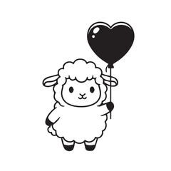 Obraz premium Cute cartoon sheep holding a heart balloon in a playful doodle illustration.