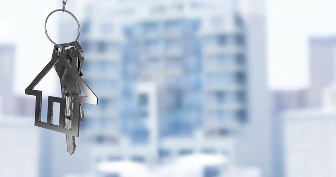 Animation of hanging silver house keys against blurred view of tall buildings with copy space