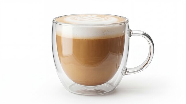 A double walled glass mug filled with creamy hot latte coffee featuring delicate heart latte art
